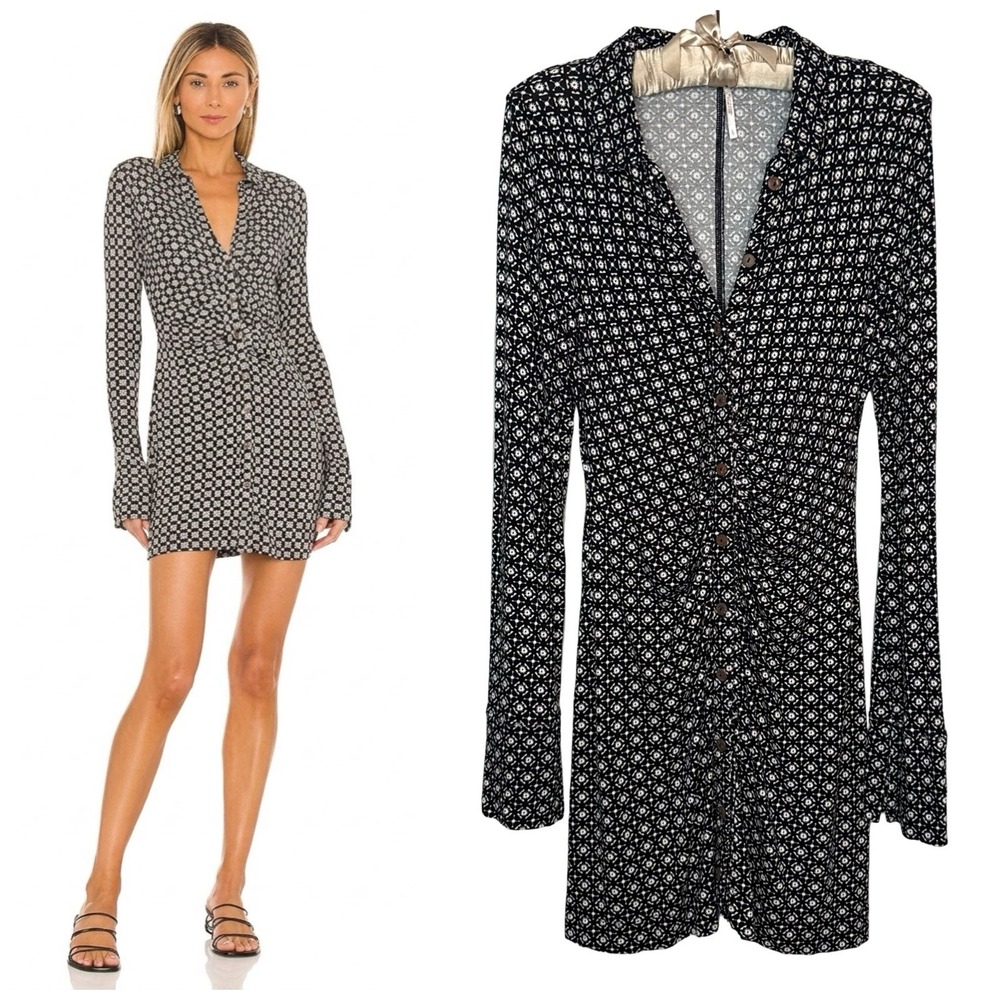 Free People Shayla Mini Dress Black Large Boho Indie Ruched Stretch Long Sleeve